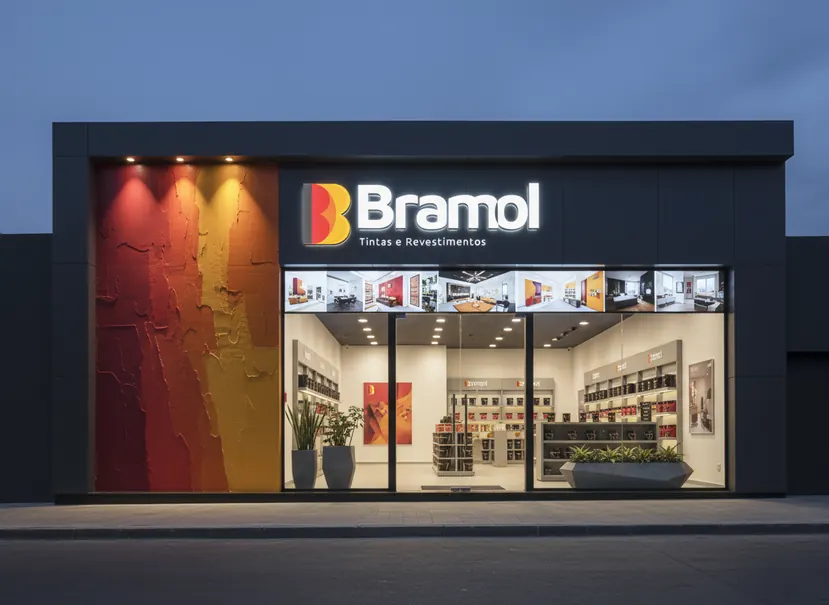 Fachada de loja com produtos e comunicação visual Bramol.